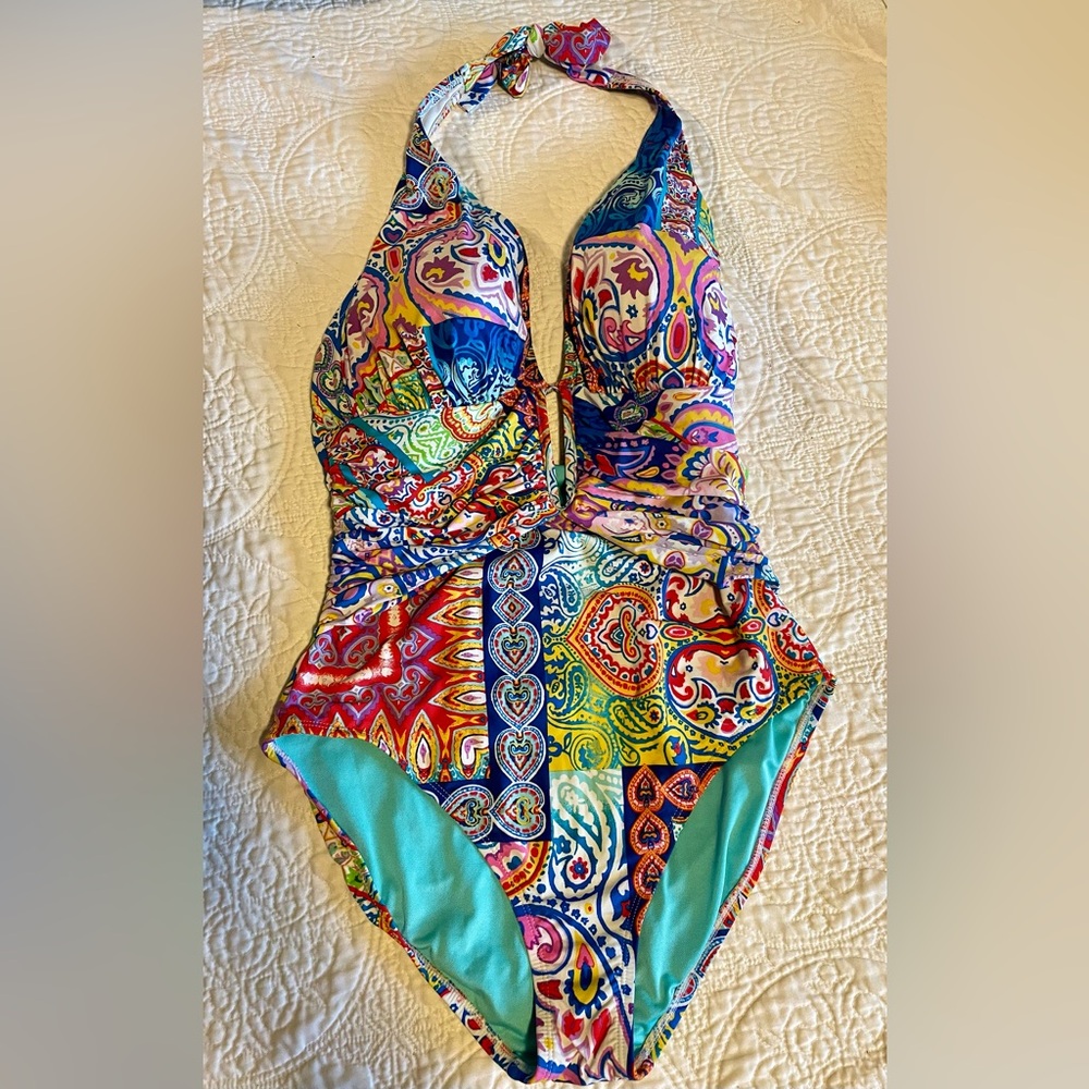 Blue Rod Beattie fashionable slimming one piece size Large.